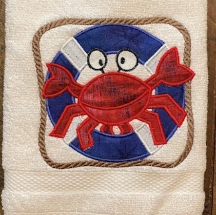 Beach Design Embroidered White Hand Towel. Crab on Lifesaver. Summer Decor. Gifts. Crabby & Cute. Beach Theme.