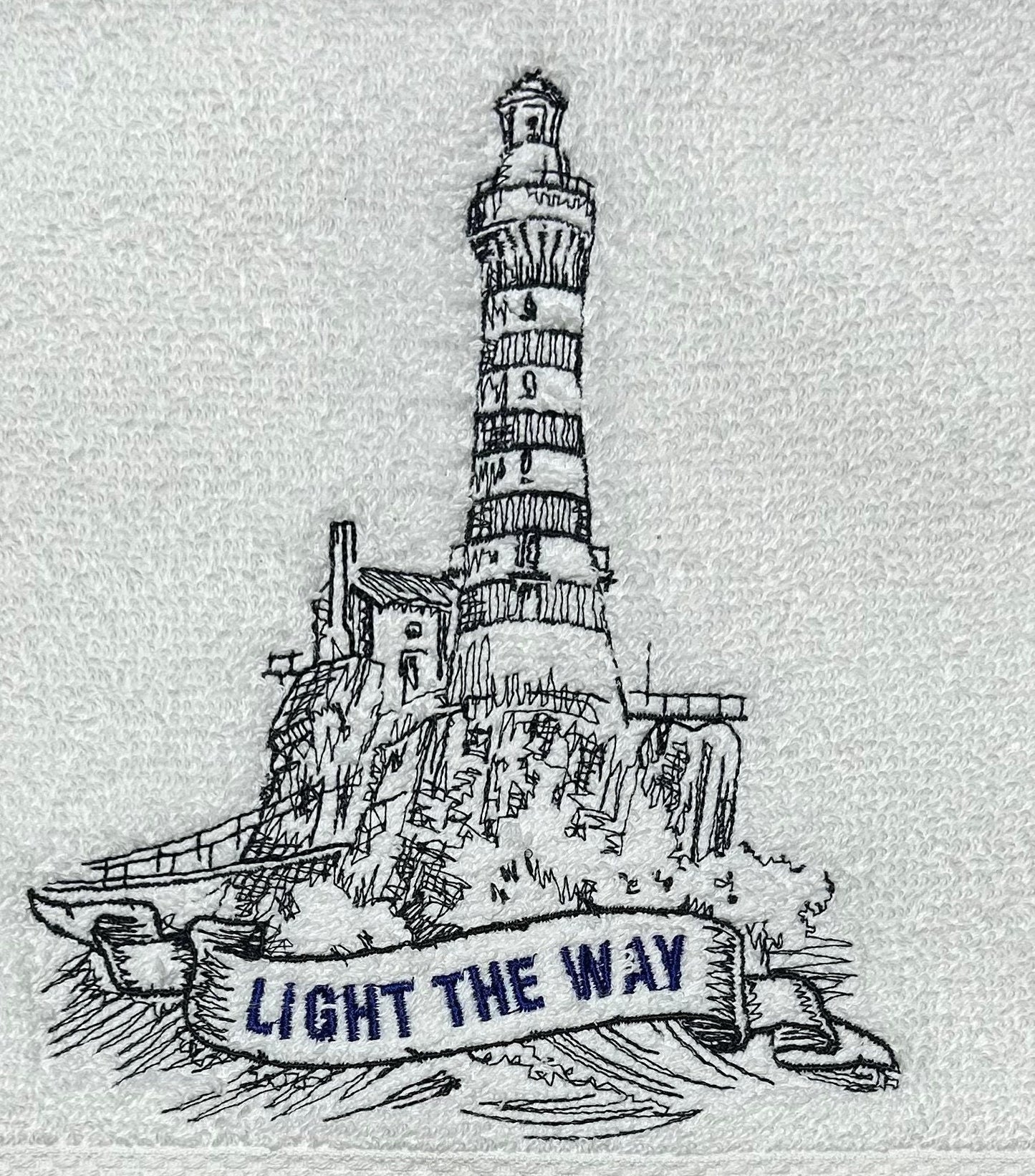 Nautical Design Embroidered White Hand Towel. Vintage nautical. Beach.Light House. Light the Way. Summer Vibes. Inspirational
