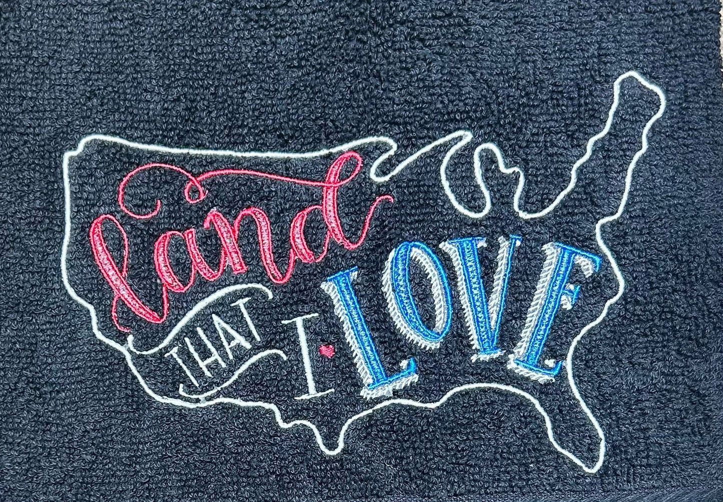 4th of July Embroidered White Hand Towel. The Land that I Love. Summer Vibes. Celebration. Memorial. independence. USA. Map