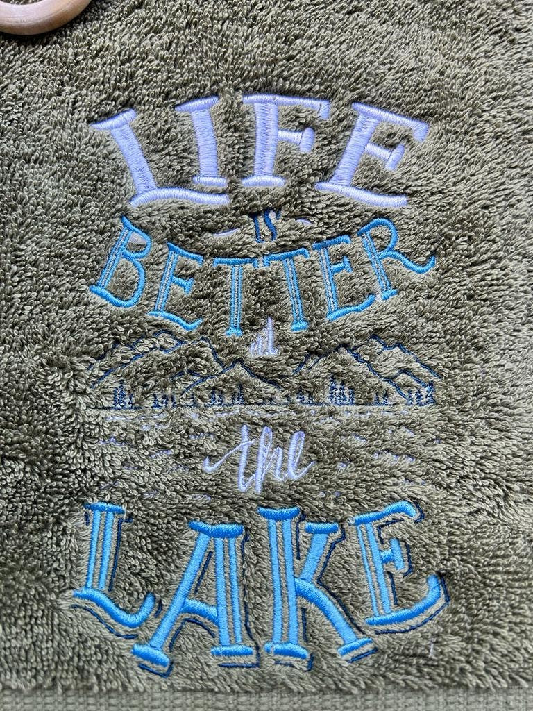 Lake Design Embroidered White Hand Towel. Life is Better At the Lake. Summer Vibes. Lake Theme. Splash
