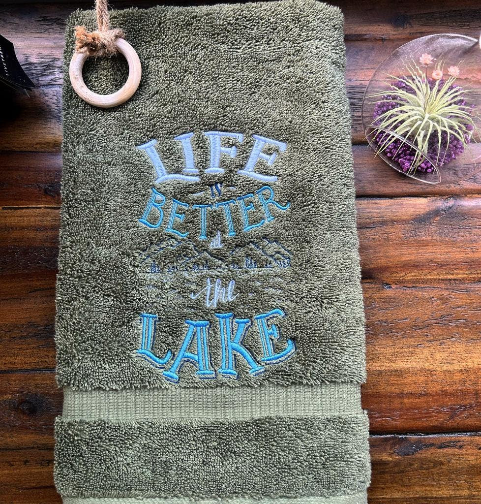 Lake Design Embroidered White Hand Towel. Life is Better At the Lake. Summer Vibes. Lake Theme. Splash