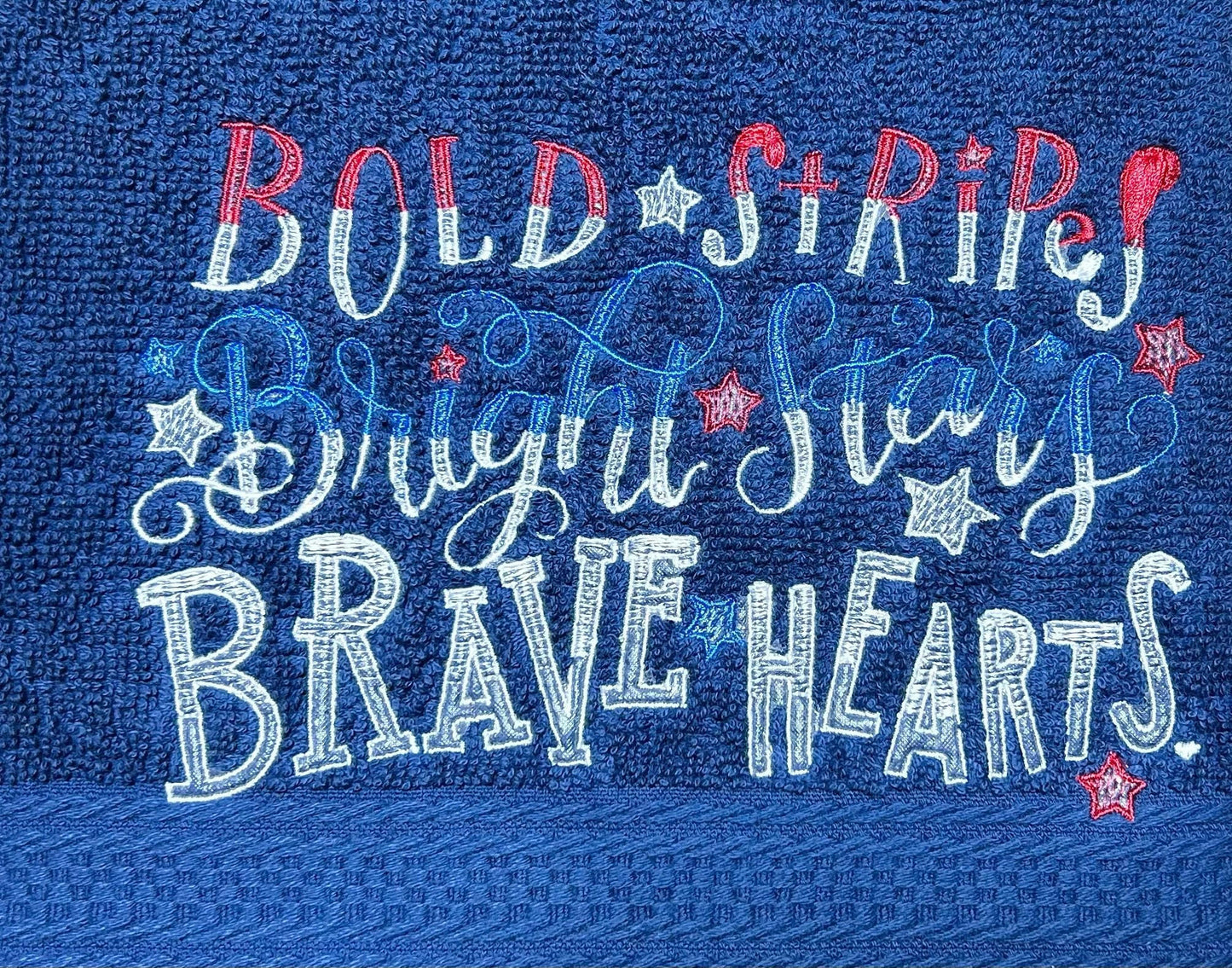 4th of July Embroidered White Hand Towel. Bold Stripes, Bright Stars Brave Hearts. Summer Vibes. Celebration. Memorial