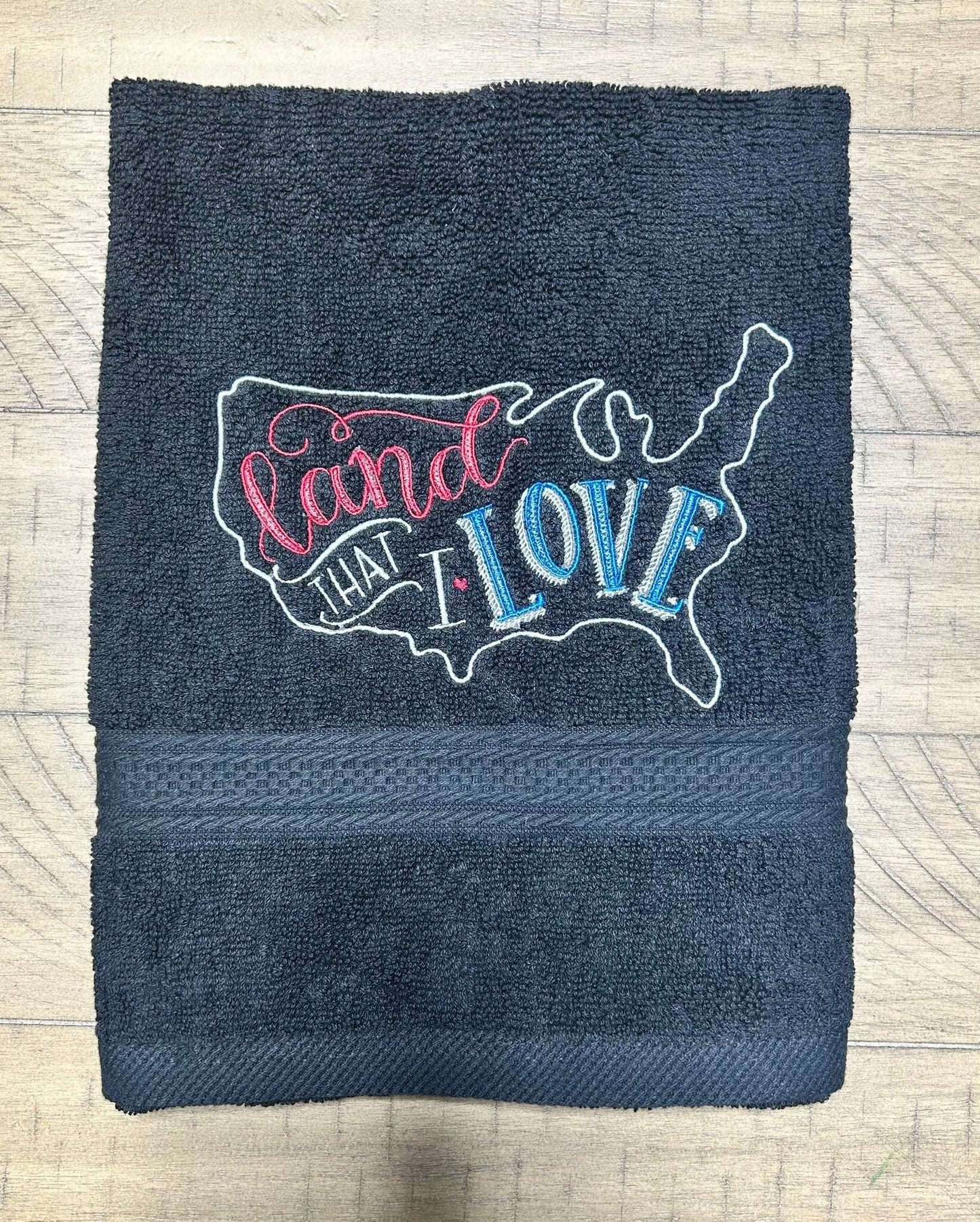 4th of July Embroidered White Hand Towel. The Land that I Love. Summer Vibes. Celebration. Memorial. independence. USA. Map