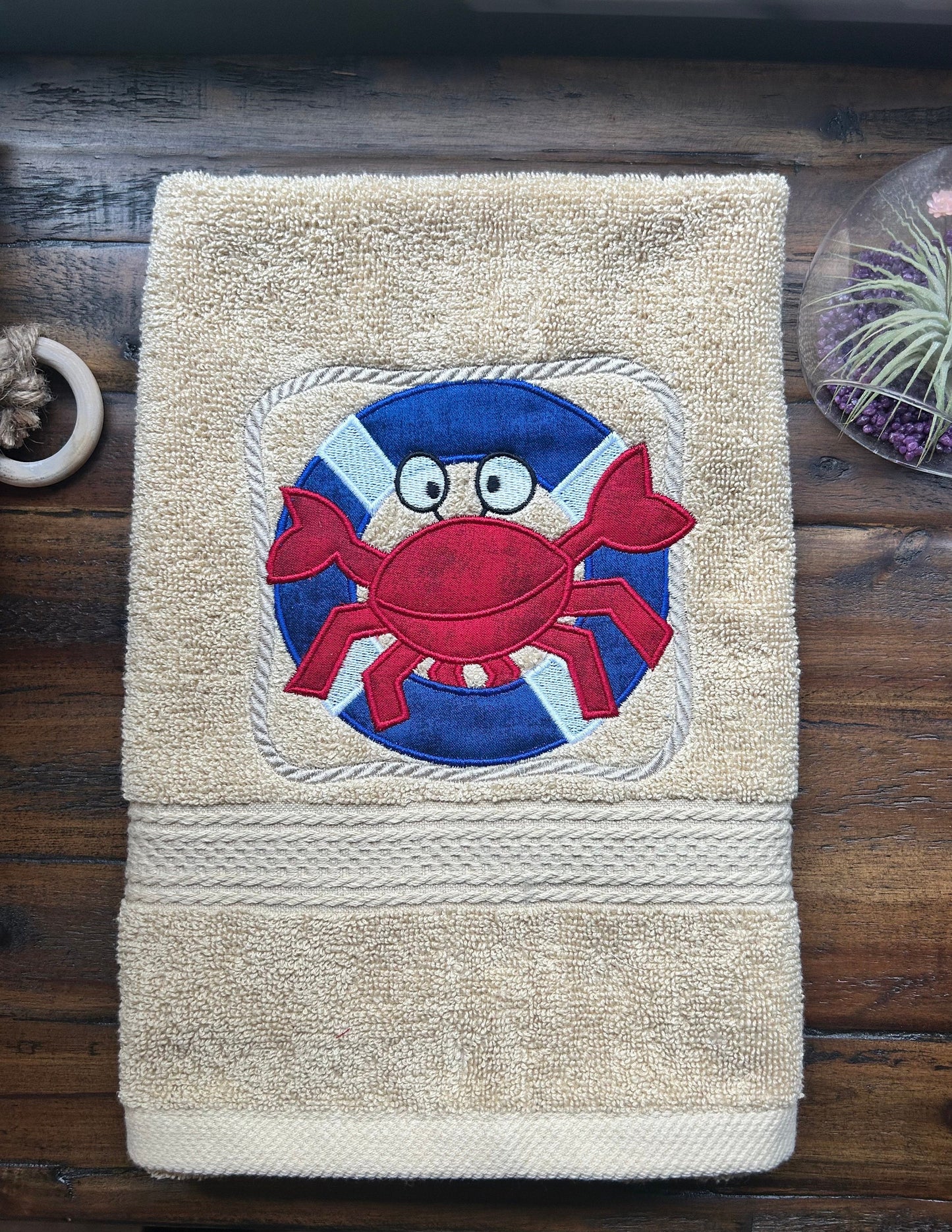 Beach Design Embroidered White Hand Towel. Crab on Lifesaver. Summer Decor. Gifts. Crabby & Cute. Beach Theme.