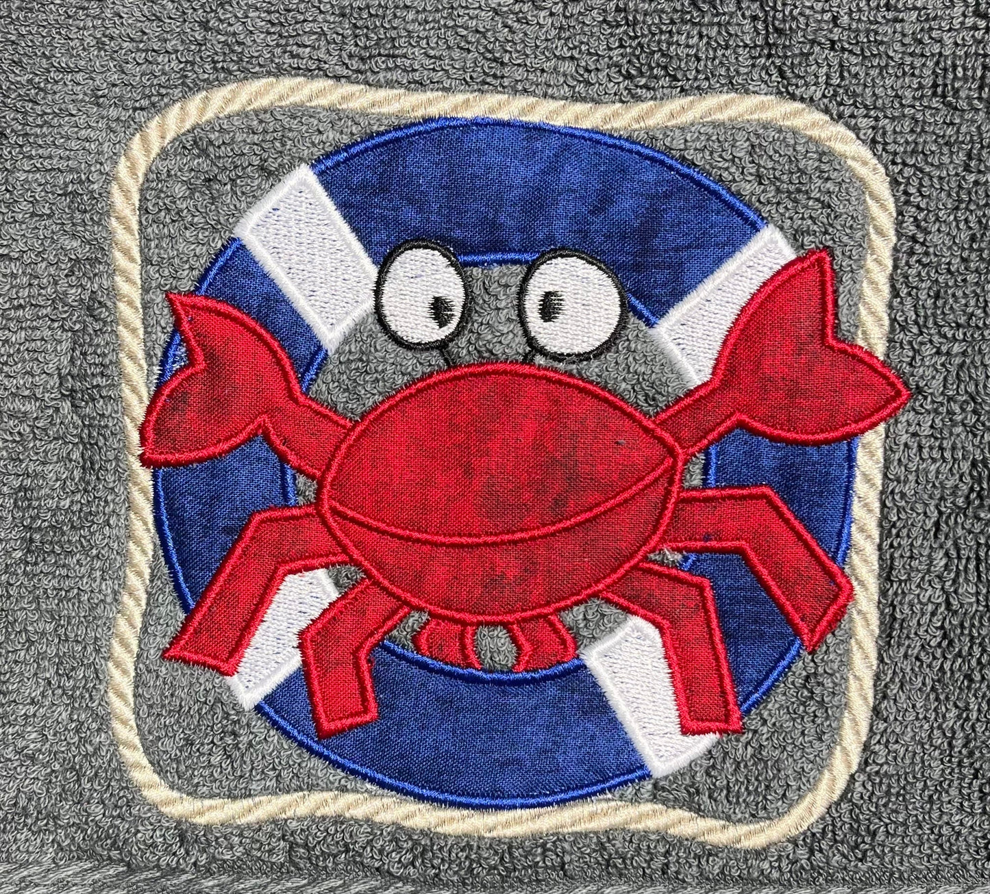 Beach Design Embroidered White Hand Towel. Crab on Lifesaver. Summer Decor. Gifts. Crabby & Cute. Beach Theme.