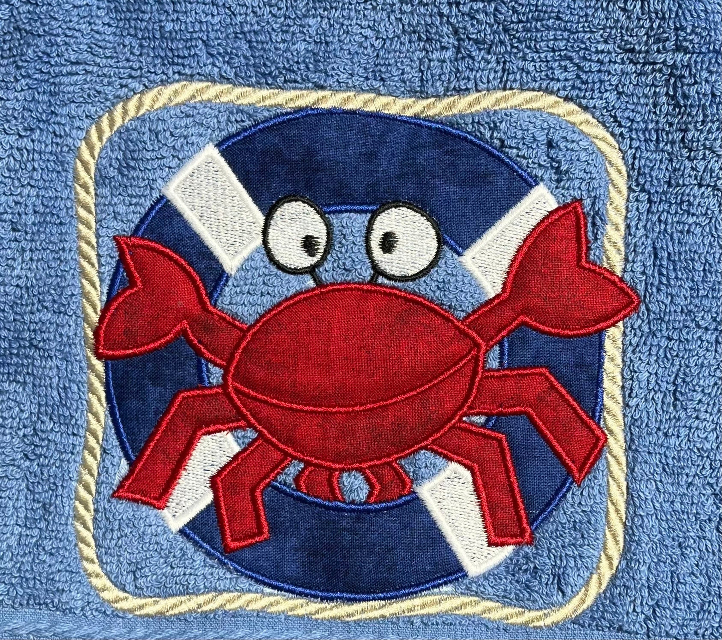 Beach Design Embroidered White Hand Towel. Crab on Lifesaver. Summer Decor. Gifts. Crabby & Cute. Beach Theme.