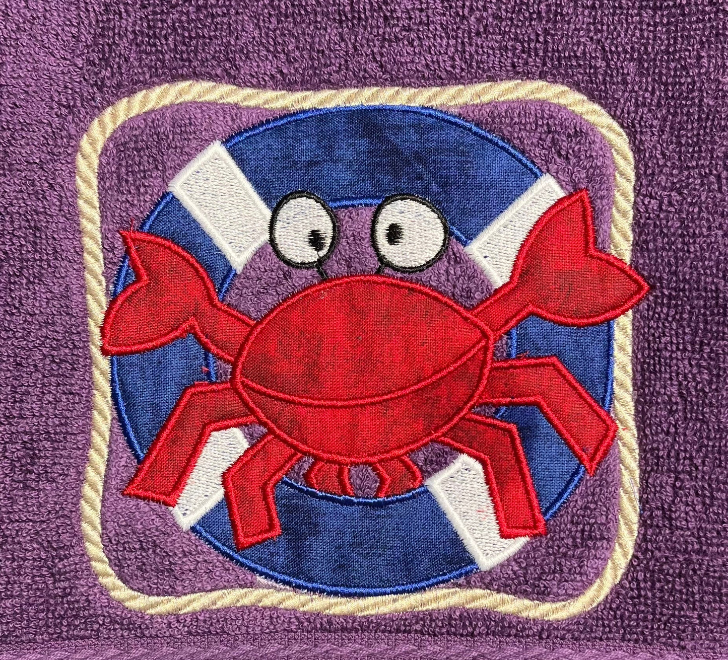 Beach Design Embroidered White Hand Towel. Crab on Lifesaver. Summer Decor. Gifts. Crabby & Cute. Beach Theme.