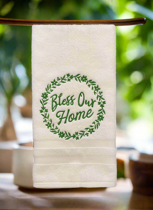 Bless Our Home Embroidered  White hand Towel. Personalized gifts. Bathroom Towel