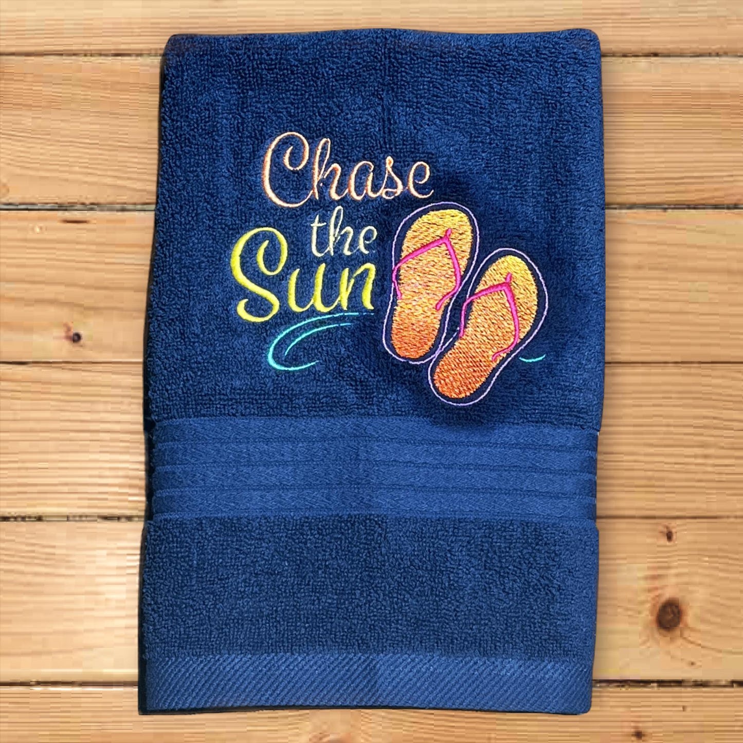 Beach Design Embroidered White Hand Towel. Chase the Sun. Beach Theme. Summer Vibes. Sun & Sand