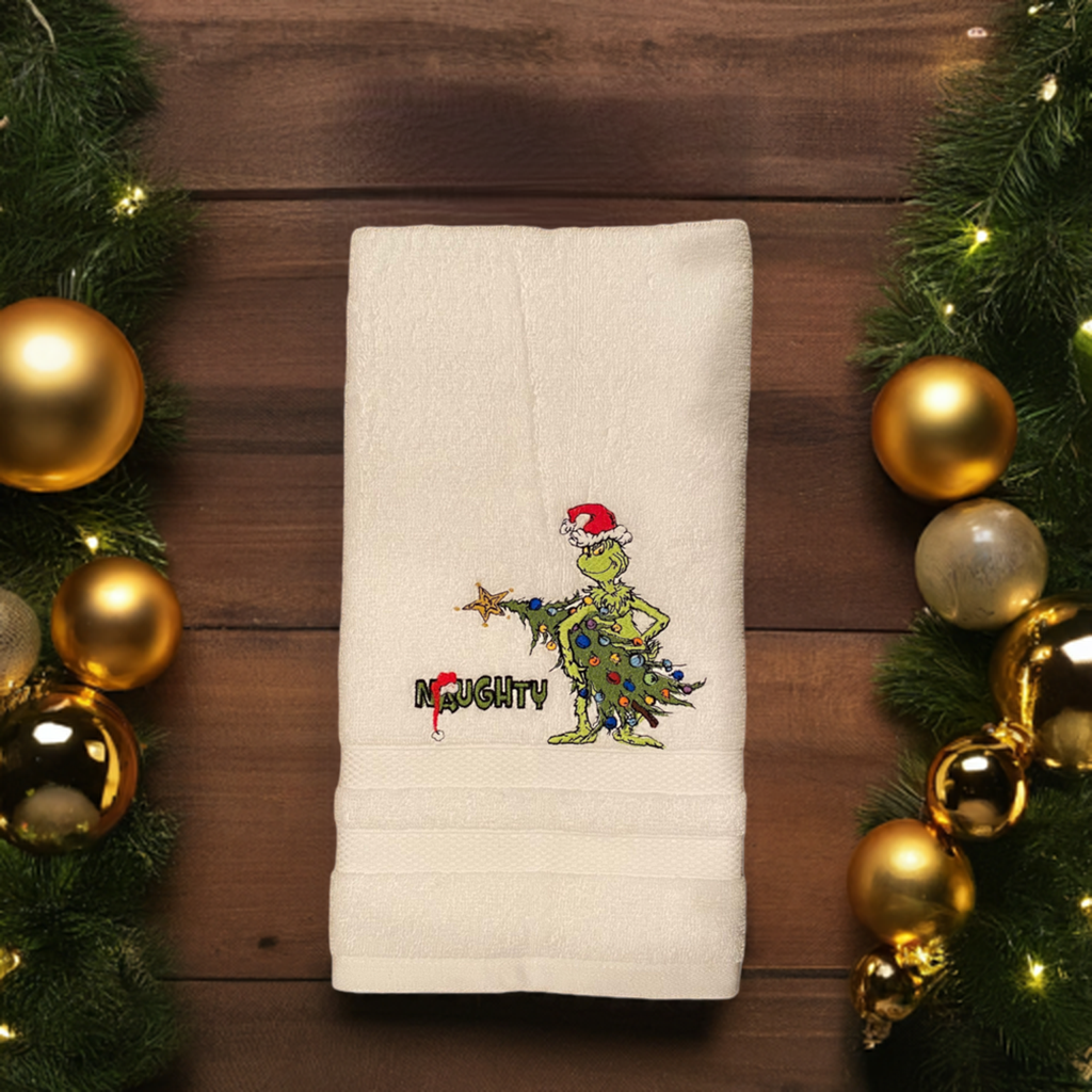 Christmas Hand Towel - Christmas-holiday Towels. Holiday Bathroom towels. Grinch- Naughty Embroidered Hand Towel