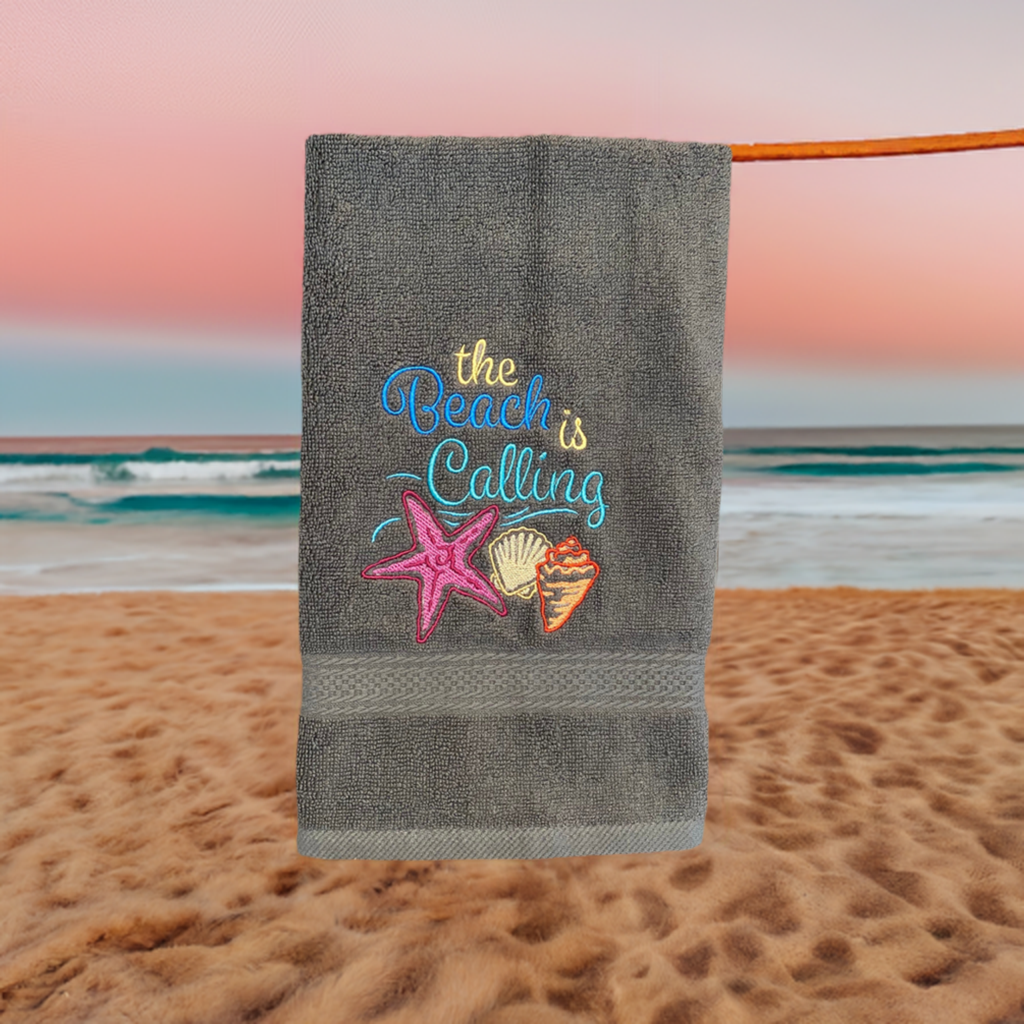Beach Design Embroidered White Hand Towel. The Beach is Calling. Summer Vibes. Beach Them. Seashells.
