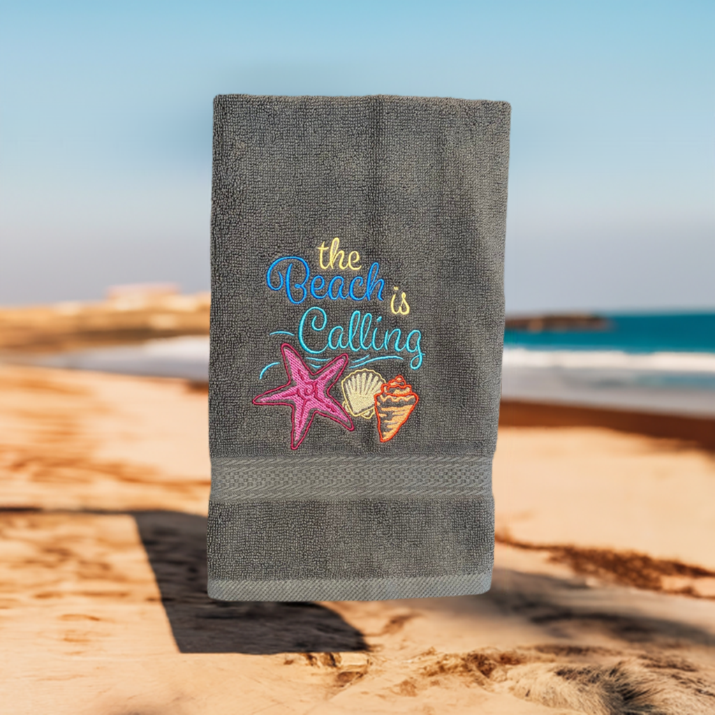 Beach Design Embroidered White Hand Towel. The Beach is Calling. Summer Vibes. Beach Them. Seashells.