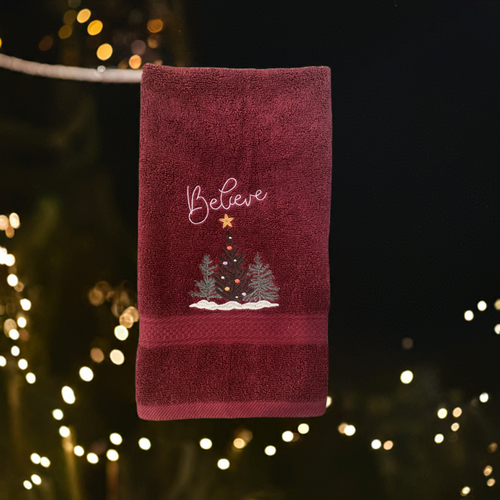 Christmas Hand Towel - Christmas-holiday Towels. Holiday Bathroom towels. BELIEVE Embroidered Hand Towel