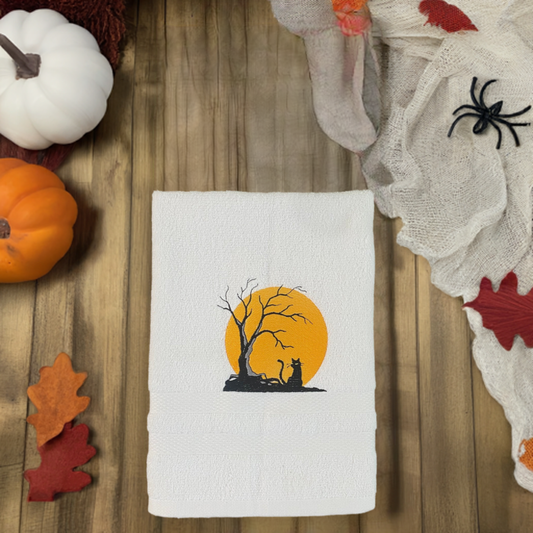 Halloween Design Embroidered  White or Color hand Towel Black Cat and the moon. Spooky, gift, home decor.