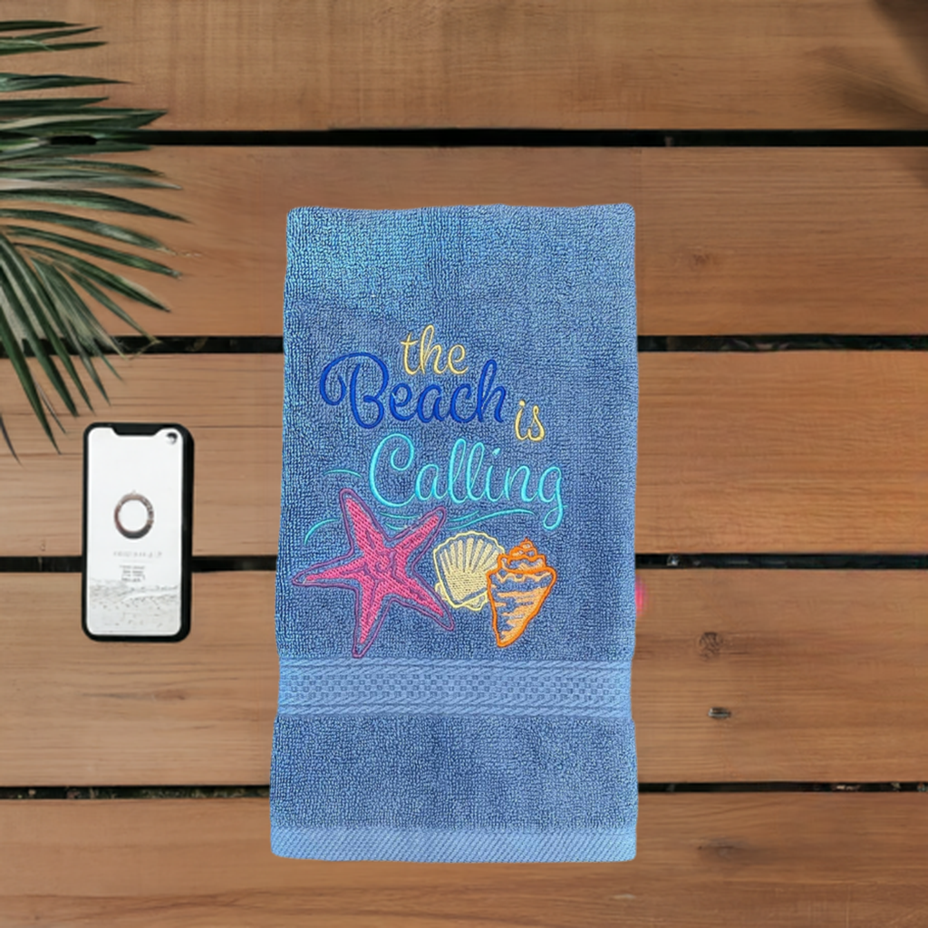 Beach Design Embroidered White Hand Towel. The Beach is Calling. Summer Vibes. Beach Them. Seashells.