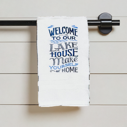 Lake Design Embroidered White Hand Towel. Welcome to our Lake House make Yourself at Home. Summer Vibes. Lake Theme. Splash. Mountains