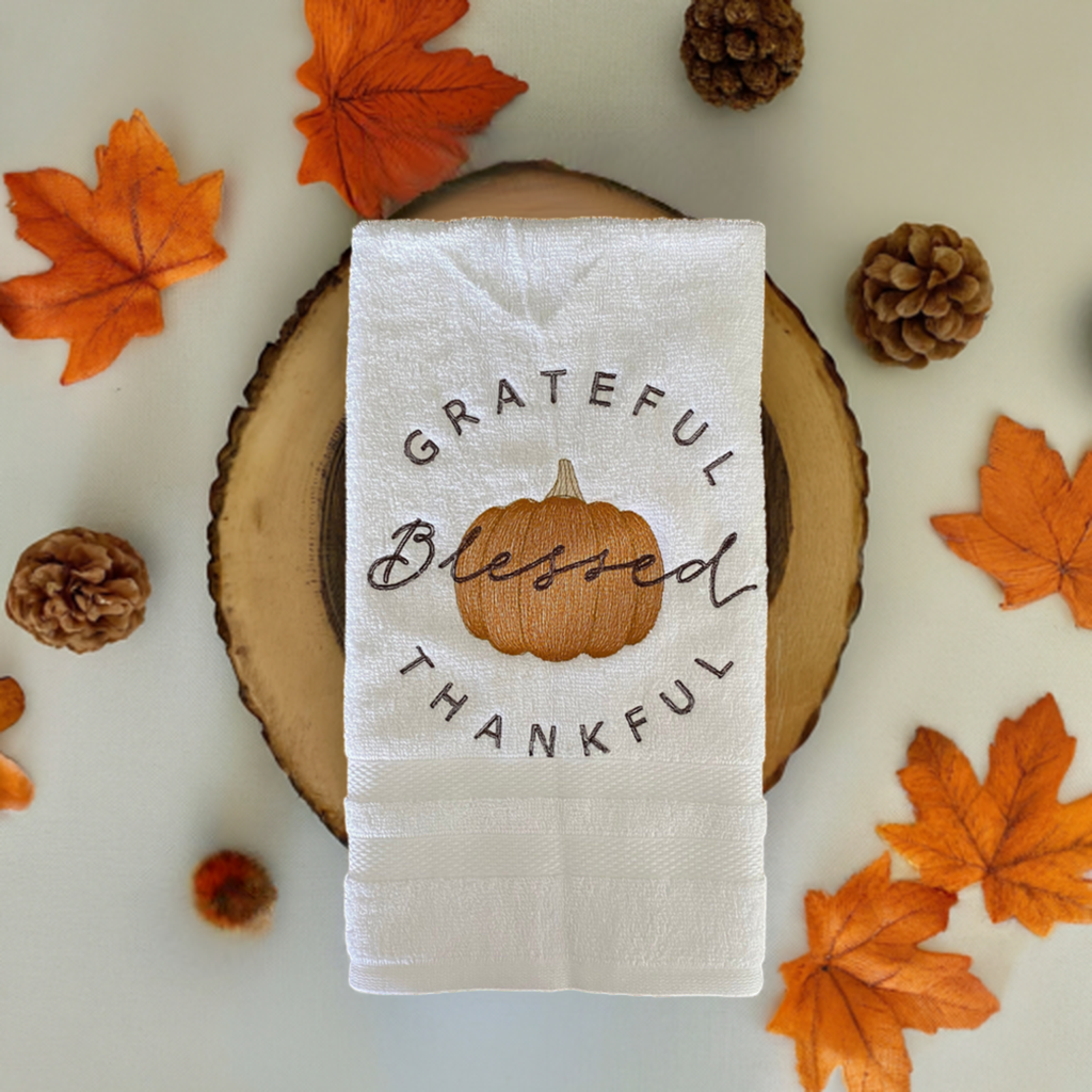 Fall Embroidered  White hand Towel. Blessings Pumpkin , Autumn Parasol. Autumn Pumpkin & Fall Fun Crows.