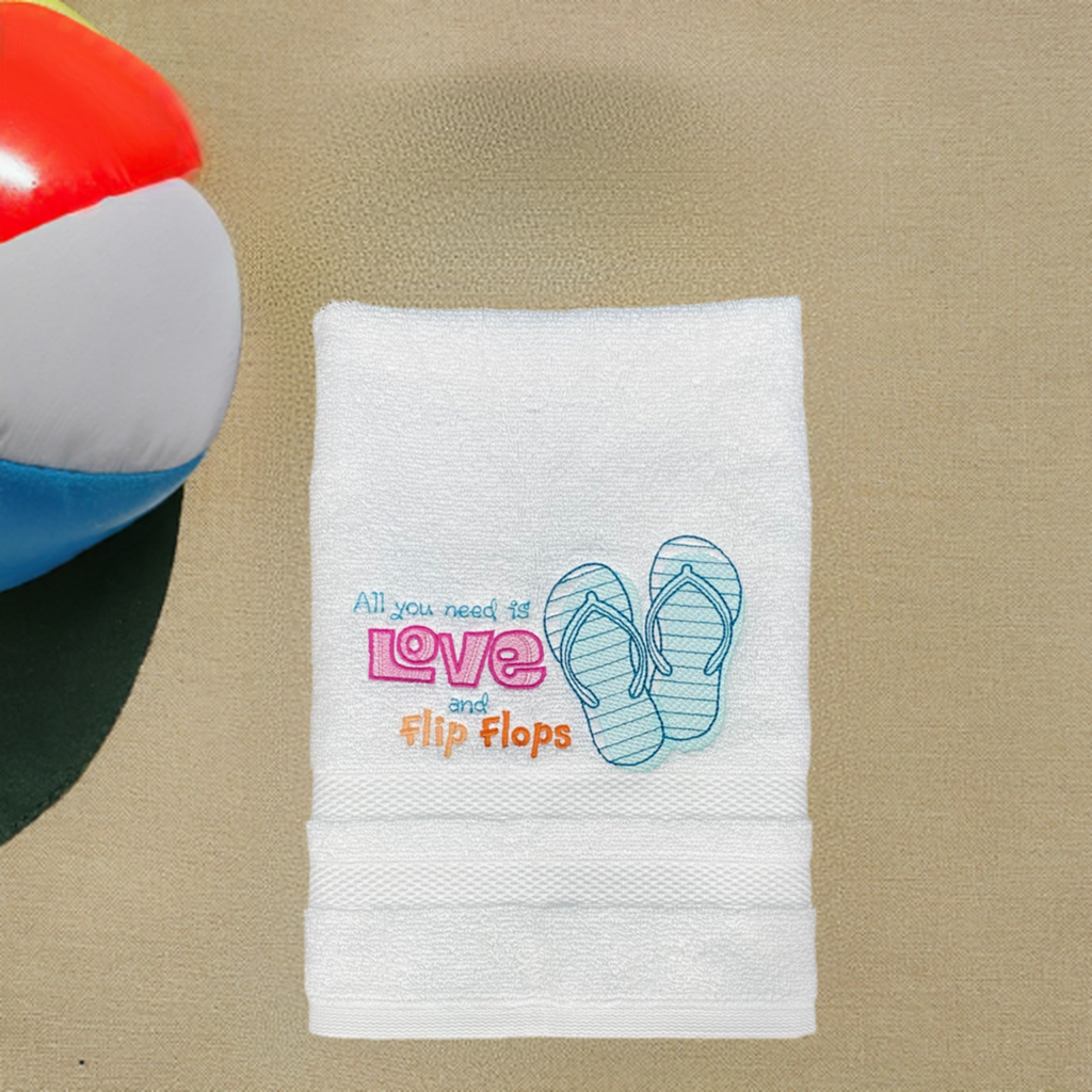 Beach Design Embroidered  White or Color hand Towel Flip Flops, All you need is Love and Flip Flops.