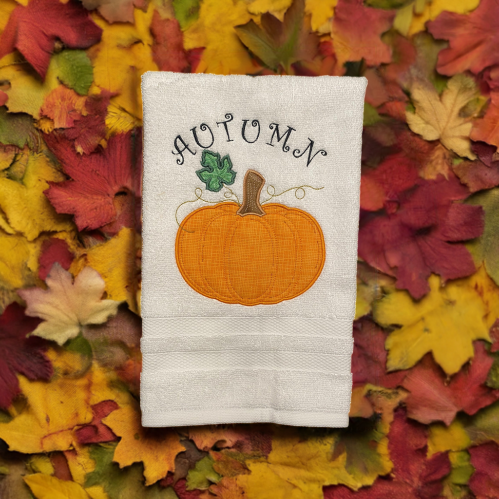 Fall Embroidered  White hand Towel. Autumn Pumpkin. Autumn. Fall, Thanksgiving.
