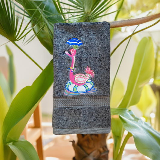 Flamingo Design Embroidered hand Towel. Gift, personalized towels. Summer towels. Summer vibes.