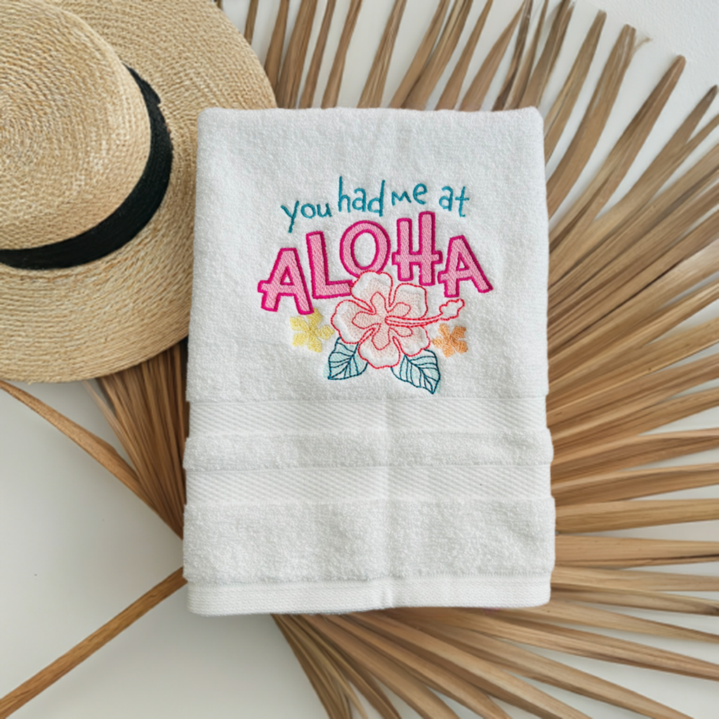 Beach Design Embroidered  White hand Towel. You had me at Aloha.