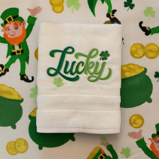 Lucky Embroidered  White hand Towel. Bathroom Towel. Hand Towel. personalized Gifts. St. Patrick’s