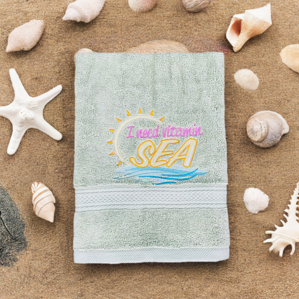 Beach Design Embroidered  White or Color hand Towel I Need Vitamin Sea. Towels. Hand towels. Coastal