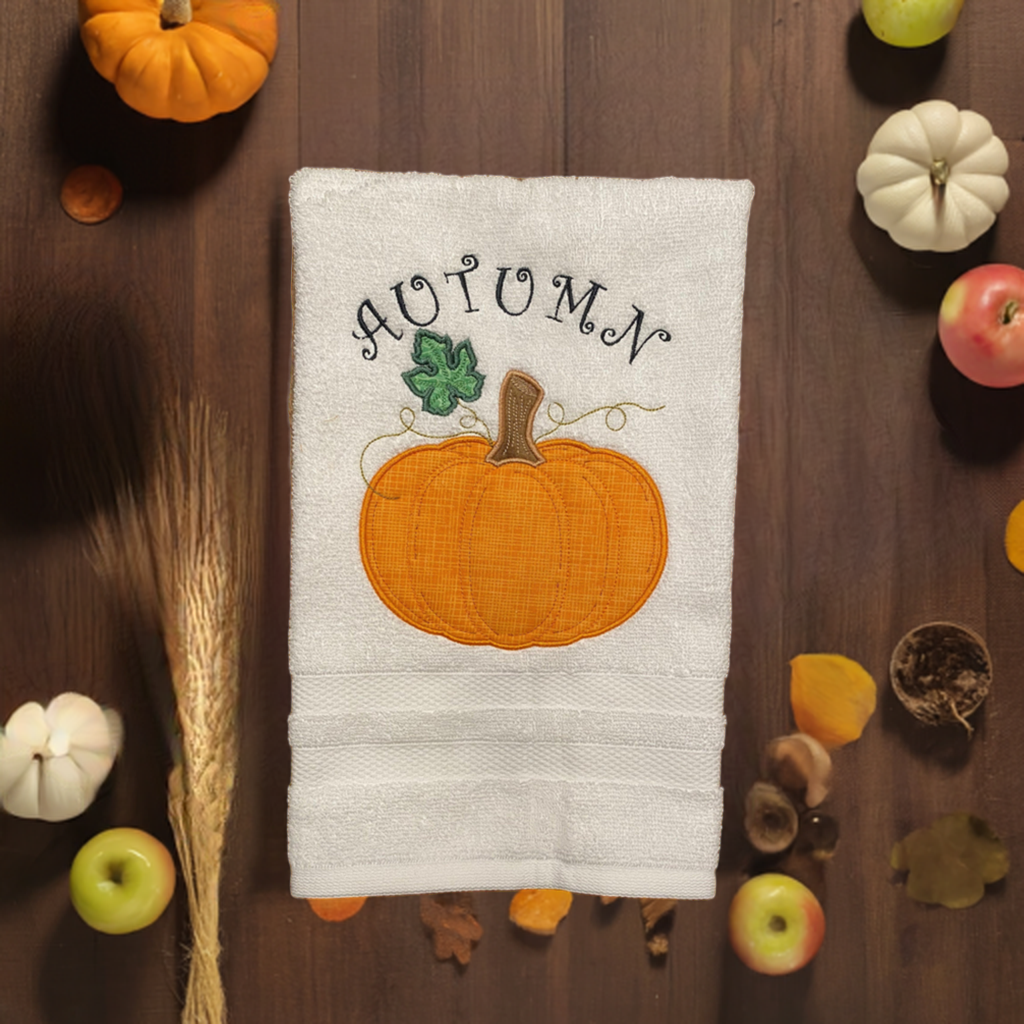 Fall Embroidered  White hand Towel. Autumn Pumpkin. Autumn. Fall, Thanksgiving.