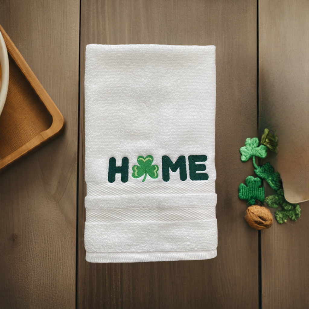 St Patrick’s HOME with Clover Hand Towel - Embroidered hand Towels. Bathroom towels. Embroidered. Gifts for any occasion.