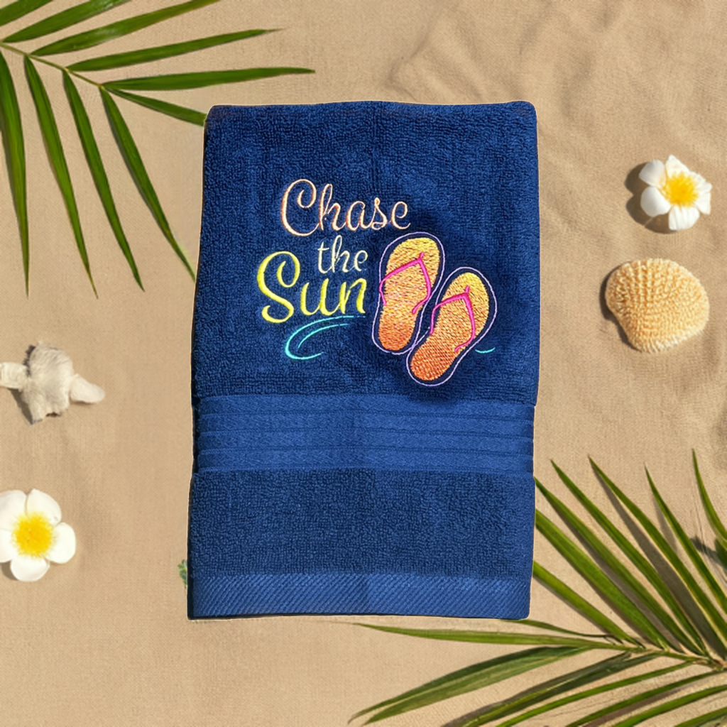 Beach Design Embroidered White Hand Towel. Chase the Sun. Beach Theme. Summer Vibes. Sun & Sand
