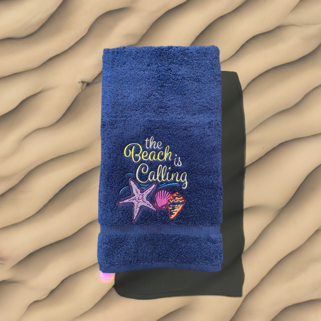 Beach Design Embroidered White Hand Towel. The Beach is Calling. Summer Vibes. Beach Them. Seashells.