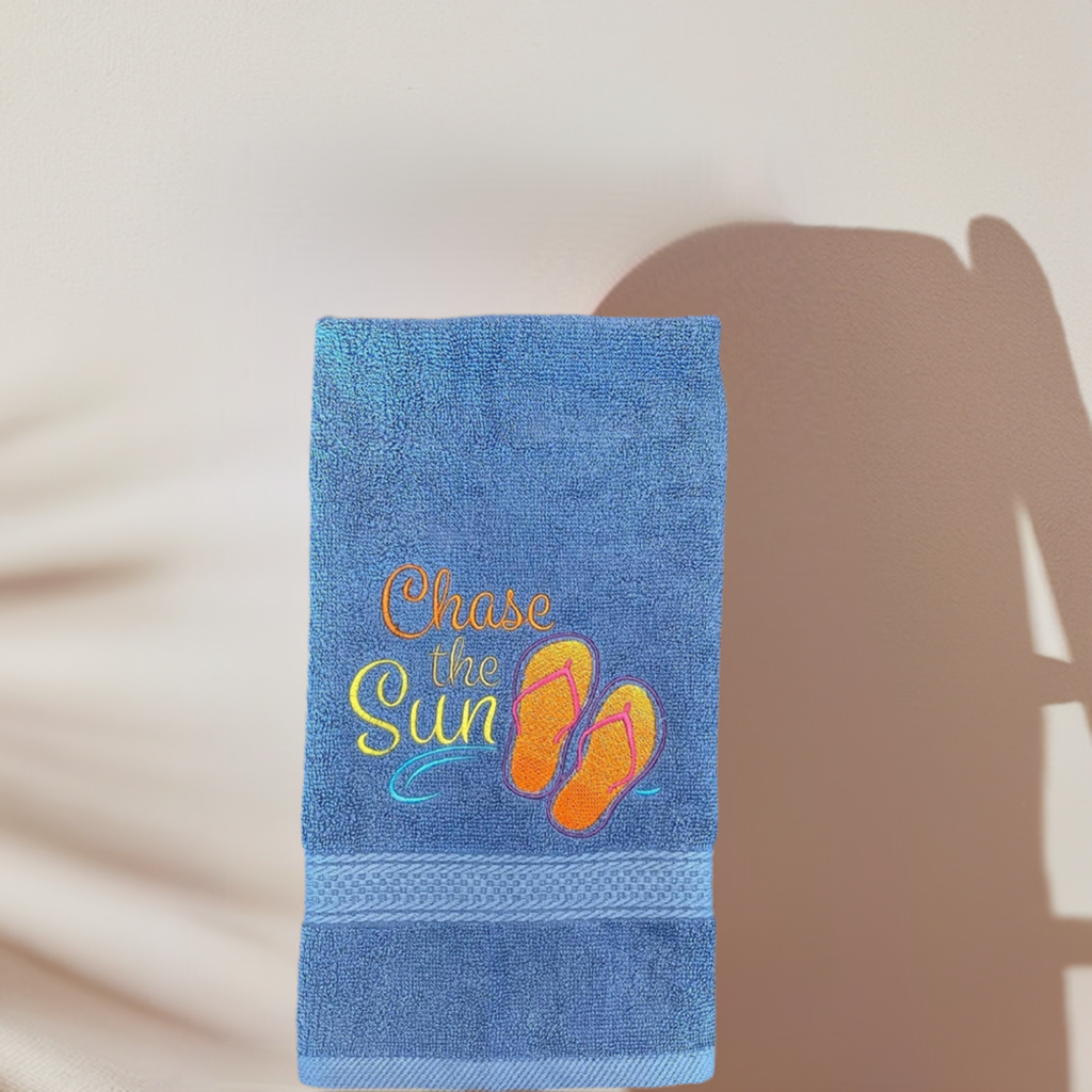 Beach Design Embroidered White Hand Towel. Chase the Sun. Beach Theme. Summer Vibes. Sun & Sand