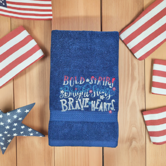 4th of July Embroidered White Hand Towel. Bold Stripes, Bright Stars Brave Hearts. Summer Vibes. Celebration. Memorial