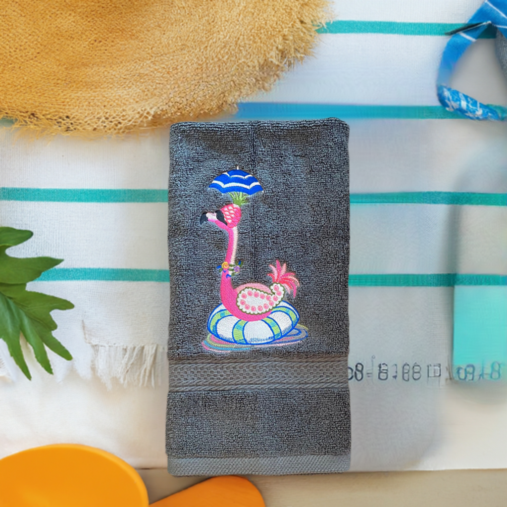 Flamingo Design Embroidered hand Towel. Gift, personalized towels. Summer towels. Summer vibes.