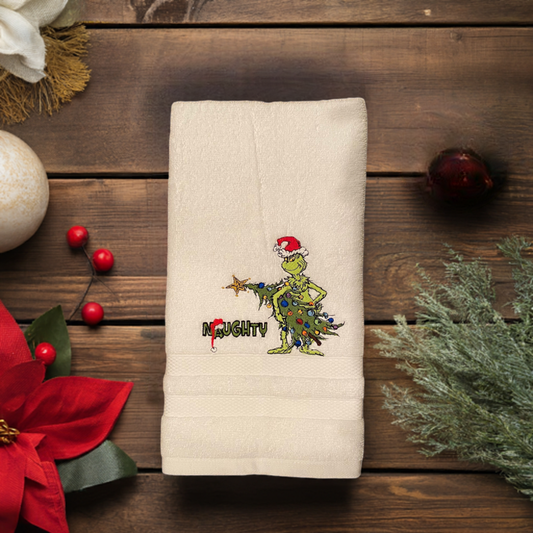 Christmas Hand Towel - Christmas-holiday Towels. Holiday Bathroom towels. Grinch- Naughty Embroidered Hand Towel
