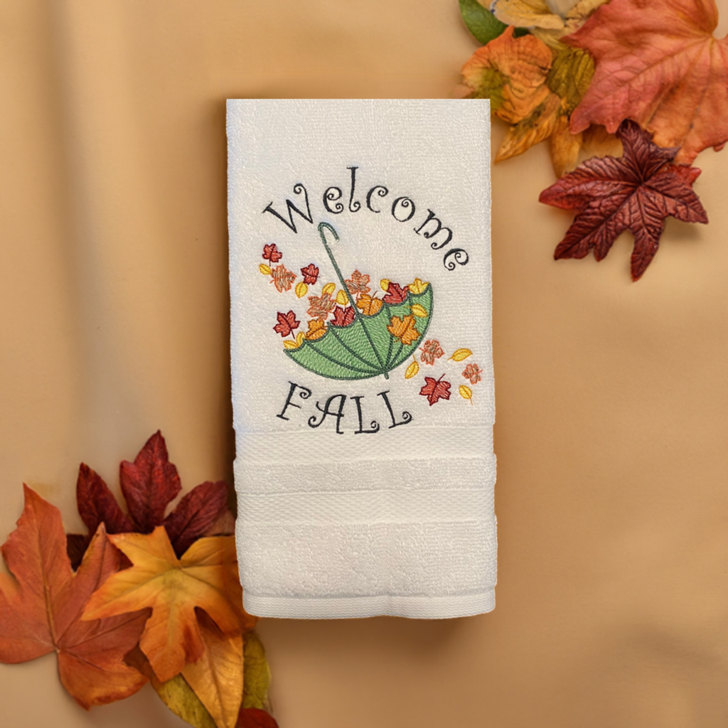 Fall Embroidered  White hand Towel. Autumn Parasol, Welcome Fall Umbrella with autumn leaves.