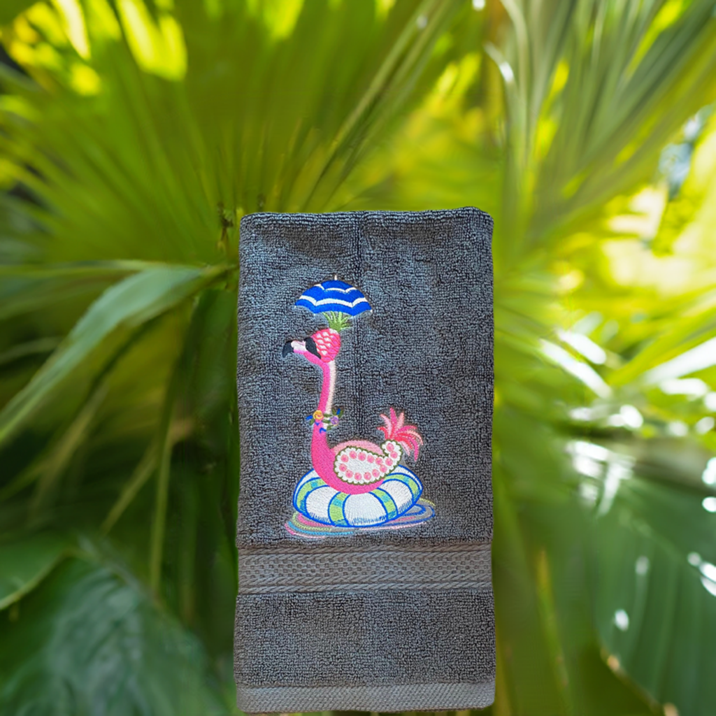 Flamingo Design Embroidered hand Towel. Gift, personalized towels. Summer towels. Summer vibes.