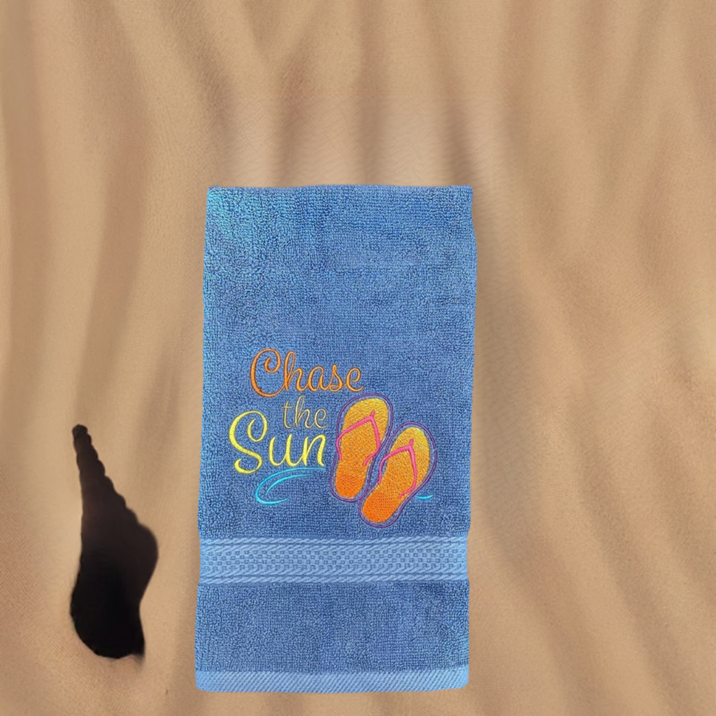 Beach Design Embroidered White Hand Towel. Chase the Sun. Beach Theme. Summer Vibes. Sun & Sand