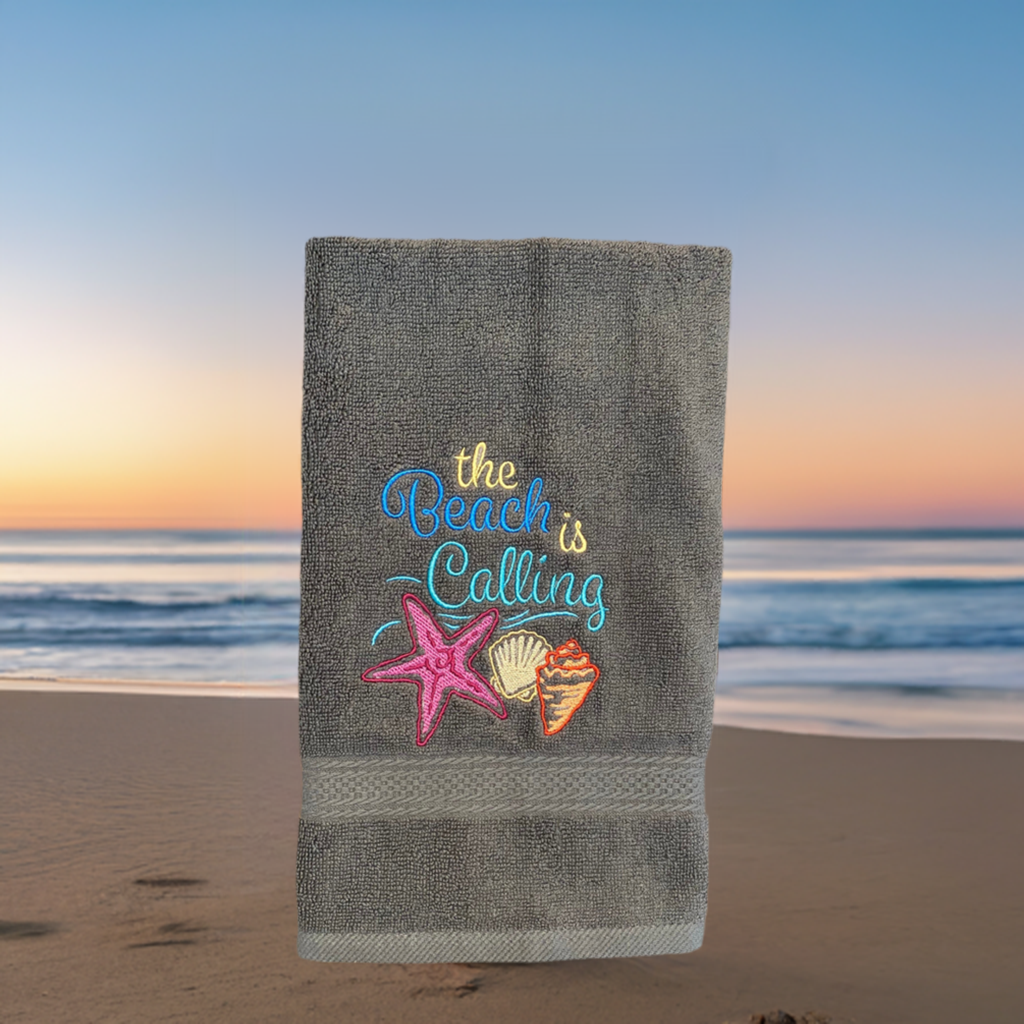 Beach Design Embroidered White Hand Towel. The Beach is Calling. Summer Vibes. Beach Them. Seashells.