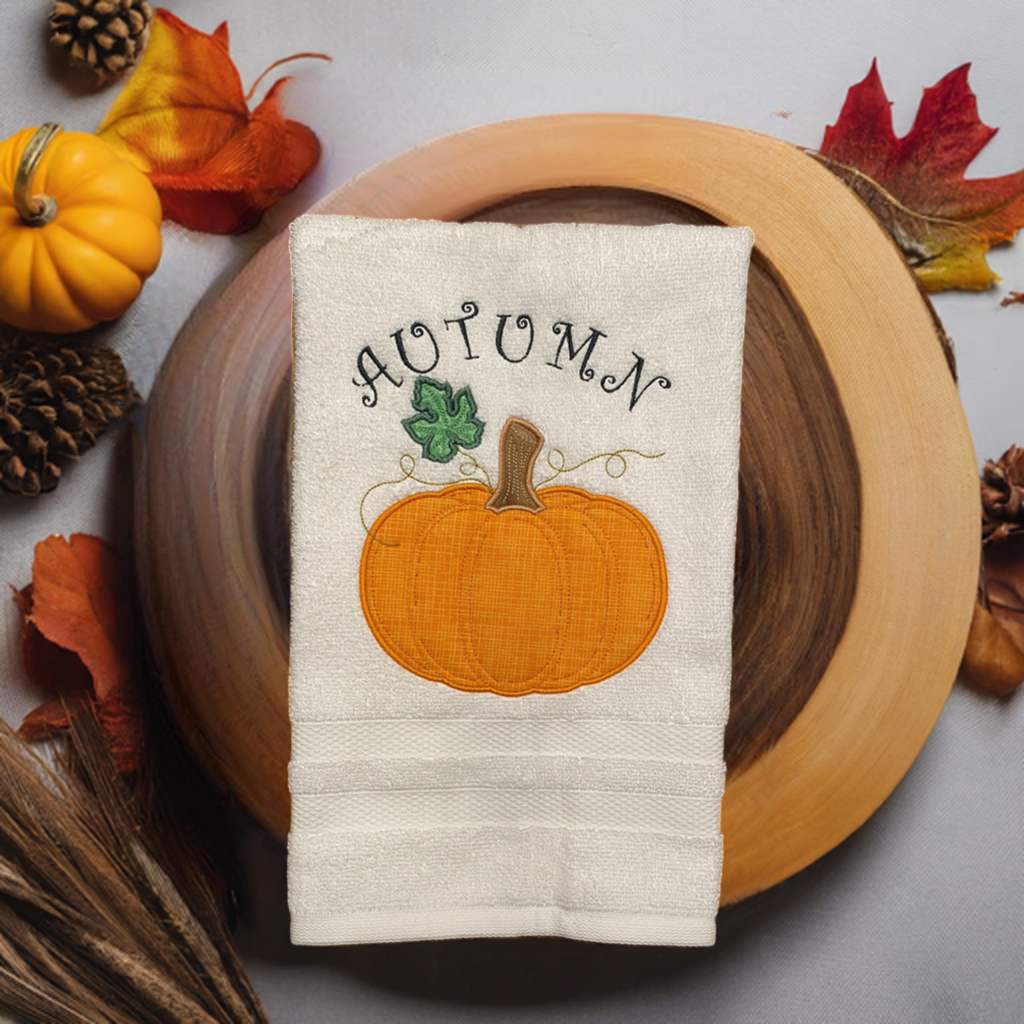 Fall Embroidered  White hand Towel. Autumn Pumpkin. Autumn. Fall, Thanksgiving.