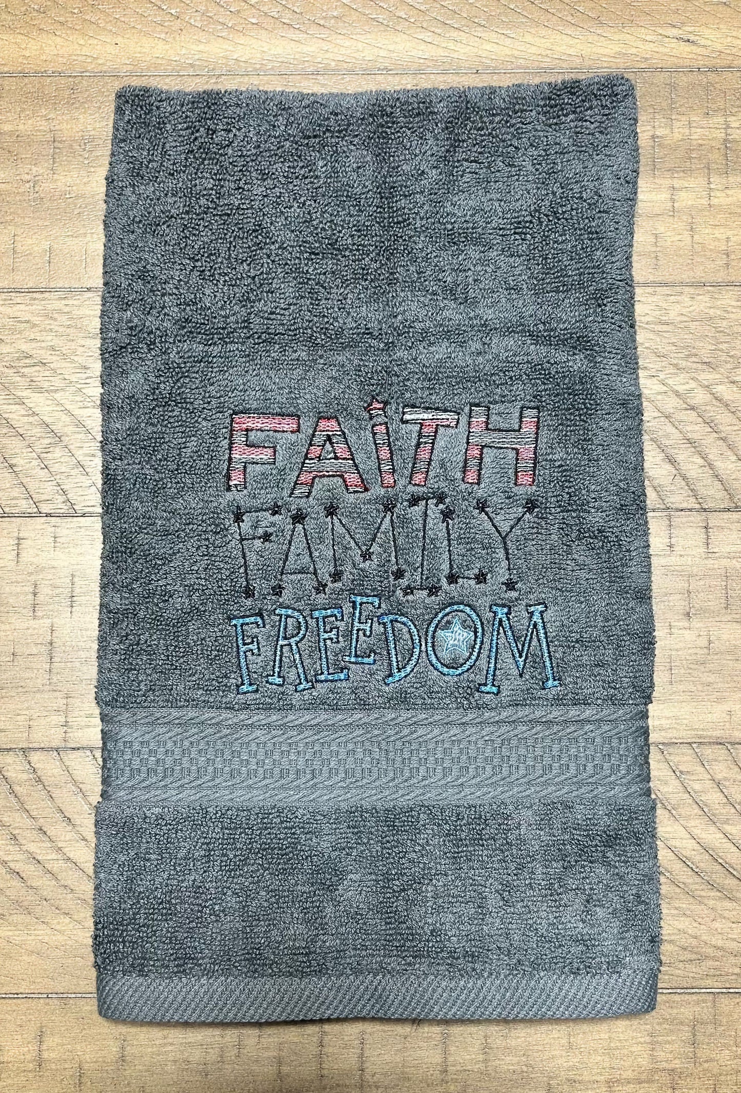 4th of July Embroidered White Hand Towel. Faith Family Freedom. Summer Vibes. Celebration. Memorial. independence. USA.