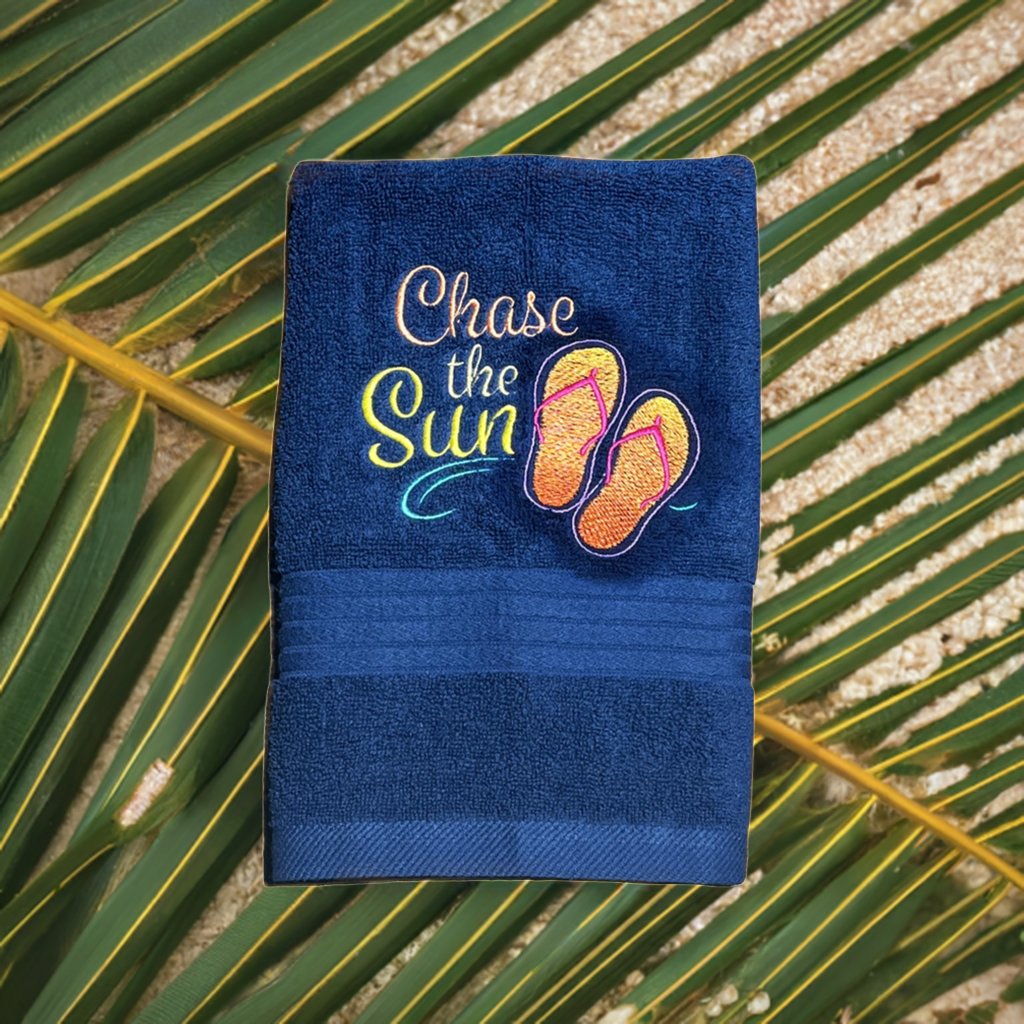 Beach Design Embroidered White Hand Towel. Chase the Sun. Beach Theme. Summer Vibes. Sun & Sand