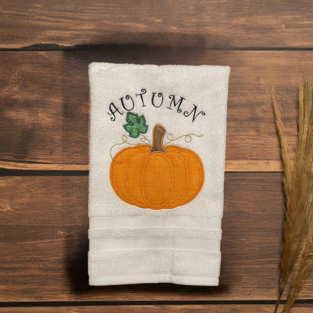Fall Embroidered  White hand Towel. Autumn Pumpkin. Autumn. Fall, Thanksgiving.