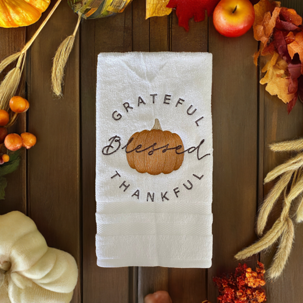 Fall Embroidered  White hand Towel. Blessings Pumpkin , Autumn Parasol. Autumn Pumpkin & Fall Fun Crows.