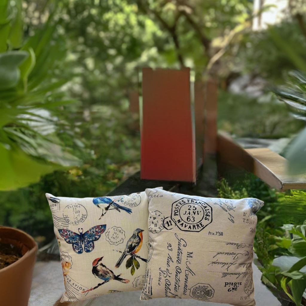 Birds Pillow Cover, Linen Pillow Cover, Countryside inspired Pillow Cover, Butterflies cover, Rustic County Farmhouse Decor, Modern. Stamps