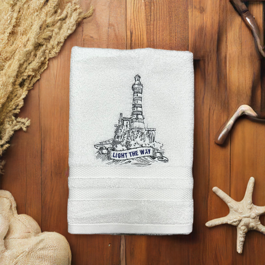 Nautical Design Embroidered White Hand Towel. Vintage nautical. Beach.Light House. Light the Way. Summer Vibes. Inspirational