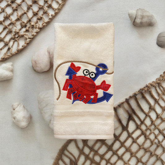 Beach Design Embroidered  White hand Towel. Crabby & Cute Towel Anchor