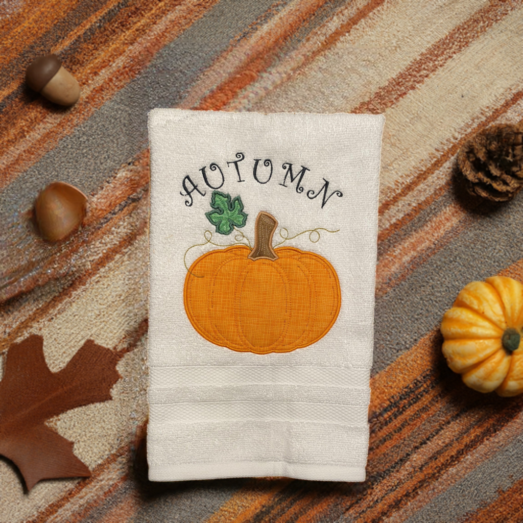 Fall Embroidered  White hand Towel. Autumn Pumpkin. Autumn. Fall, Thanksgiving.