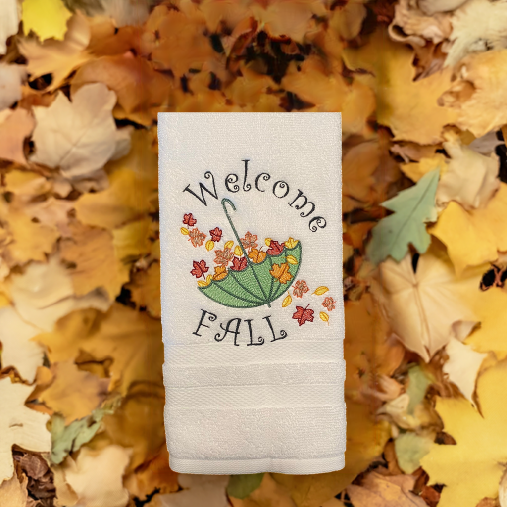 Fall Embroidered  White hand Towel. Autumn Parasol, Welcome Fall Umbrella with autumn leaves.