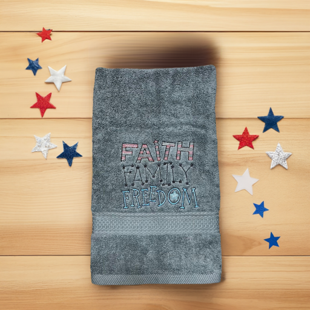4th of July Embroidered White Hand Towel. Faith Family Freedom. Summer Vibes. Celebration. Memorial. independence. USA.